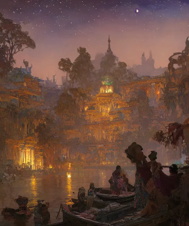 Image similar to a beautiful painting of the view from the river of the lantern festival in a an ancient egyptian city, at night with a sky full of stars, intricate, elegant, highly detailed, digital painting, artstation, concept art, by krenz cushart and artem demura and alphonse mucha