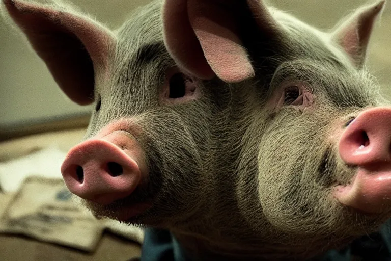 Image similar to movie scene closeup pig wearing a suit at a pidium. by emmanuel lubezki