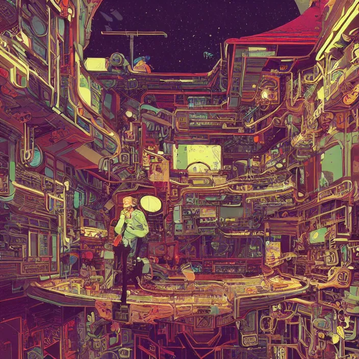 Image similar to Stunningly intricate illustration of a cyberpunk explorer playing video games in his treehouse, highly detailed, midnight, by Victo Ngai and James Gilleard , Moebius, Laurie Greasley