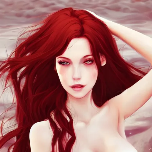 Image similar to beautiful woman with red hair and green eyes wearing a white sundress, on a beach, flirting, smiling, eye contact, perfect face, perfect body, digital art in the style of artgerm and WLOP, extreme long shot