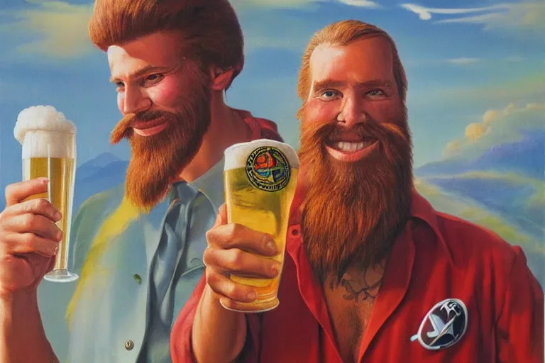 Image similar to a young man holding a beer giving a thumbs up with a long beard, airbrush painted, 80s poster, detailed, uncropped, painted by Jim Burns