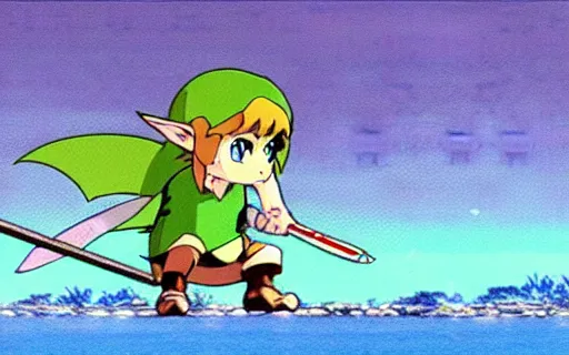 Image similar to full - color cinematic movie still from a 1 9 8 0 s studio ghibli anime featuring link with a fairy in the hyrule overworld fighting against an octorok and a moblin. legend of zelda anime.