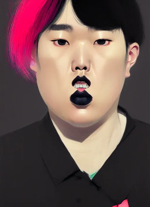 Prompt: portrait of a plump korean man with a crooked nose and a confident expression, 1 9 6 0 s, black clothes, goth, punk, brightly coloured hair, funk, intricate, elegant, highly detailed, digital painting, artstation, concept art, smooth, sharp focus, illustration, art by wlop, mars ravelo and greg rutkowski