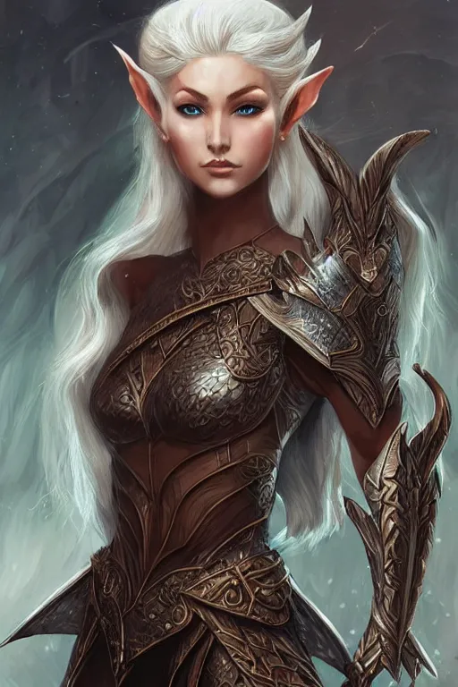 Image similar to Epic painting of a fierce female elven warrior, D&D, fantasy, intricate, elegant, highly detailed, digital painting, artstation, concept art, smooth, sharp focus, illustration, art by artgerm