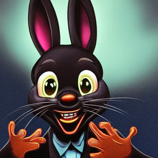 Image similar to A extremely highly detailed majestic hi-res beautiful, highly detailed head and shoulders portrait of a scary terrifying, horrifying, creepy black cartoon rabbit with scary big eyes, earing a shirt laughing, let's be friends, in the style of Walt Disney