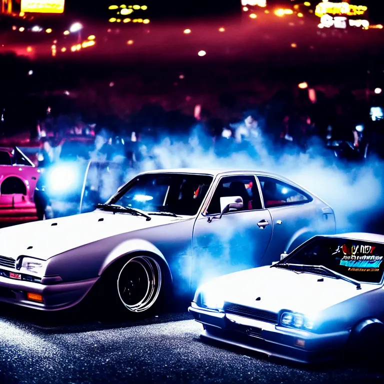 Prompt: a car S30 twin turbo drift at illegal car meet, Gunma prefecture, city midnight mist lights, cinematic lighting, photorealistic, highly detailed wheels, high detail