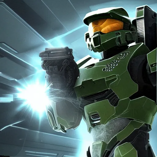 Image similar to master chief from halo, teabagging his enemy