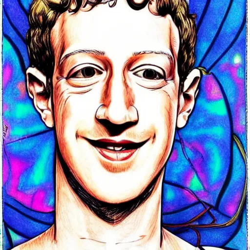 Image similar to the inner self of mark zuckerberg, psychedelic, lsd, epic beautifully detailed pen, ink and copic markers drawing by milo manara