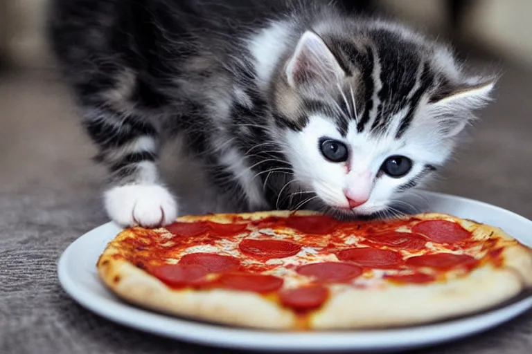 Prompt: kitten eating pizza