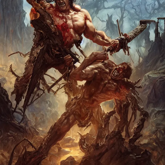 Prompt: The evil dead, manowar album cover, Muscular man, chainsaw attached to hand, ripping demons to shreds, blood, artstation, concept art, smooth, sharp focus, highly detailed, illustration, art by artgerm and greg rutkowski and alphonse mucha