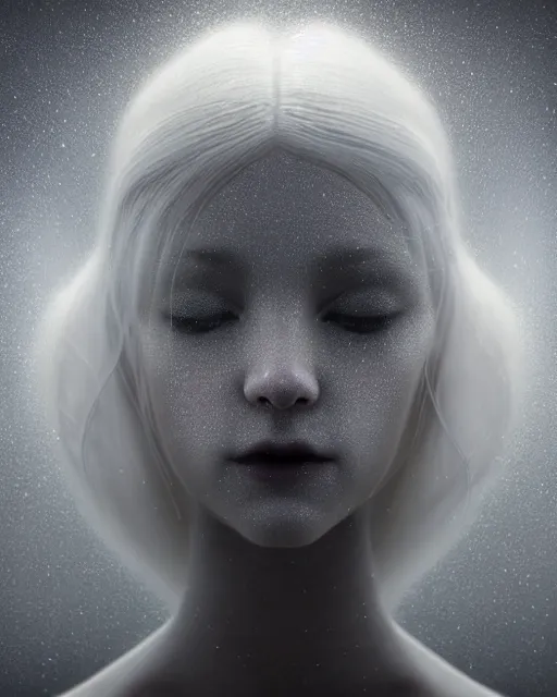 Image similar to delicate, dreamy, feminine, subsurface scattering, white, young beautiful robot - cyborg in cosmos long white hair floating in air, fluid smoke art, black and white, octane render, dino valls, mark ryden, joe fenton, michal karcz, highly detailed, rim light, art, cinematic lighting, very coherent, hyper realism, 8 k