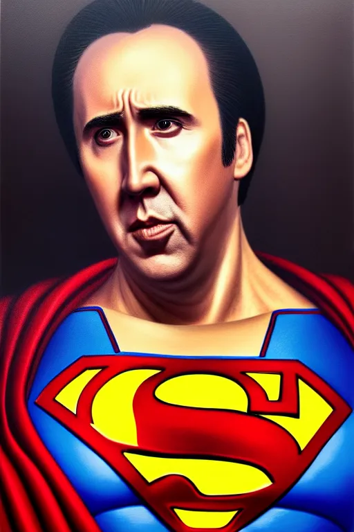 Image similar to portrait of nicolas cage as superman looking away from the camera, intricate, hyperrealistic, extremely detailed oil painting by simon stalenhag and greg rutkowski, artstation