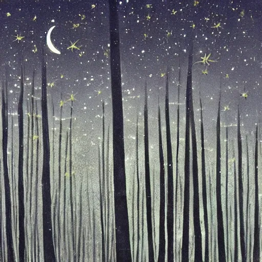 Image similar to wrought silver forest under a moonlit star filled sky filled with fireflies