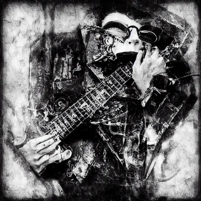 Image similar to “Cyborg Black Blues Singer 1930's with steampunk guitar and keyboard. Dramatic old torn photograph”