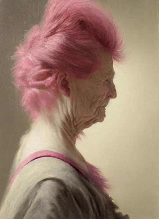 Prompt: a detailed portrait of old woman with a mohawk by edouard bisson, pink hair, punk rock, oil painting, muted colours, soft lighting