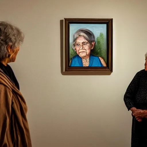 Image similar to old woman staring at a painting of her younger self