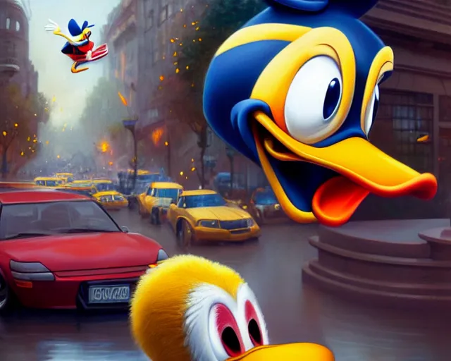 Image similar to realistic photography of donald duck involved in a car crush, deep focus, intricate, elegant, highly detailed, digital painting, artstation, concept art, matte, sharp focus, illustration, art by artgerm and greg rutkowski and alphonse mucha