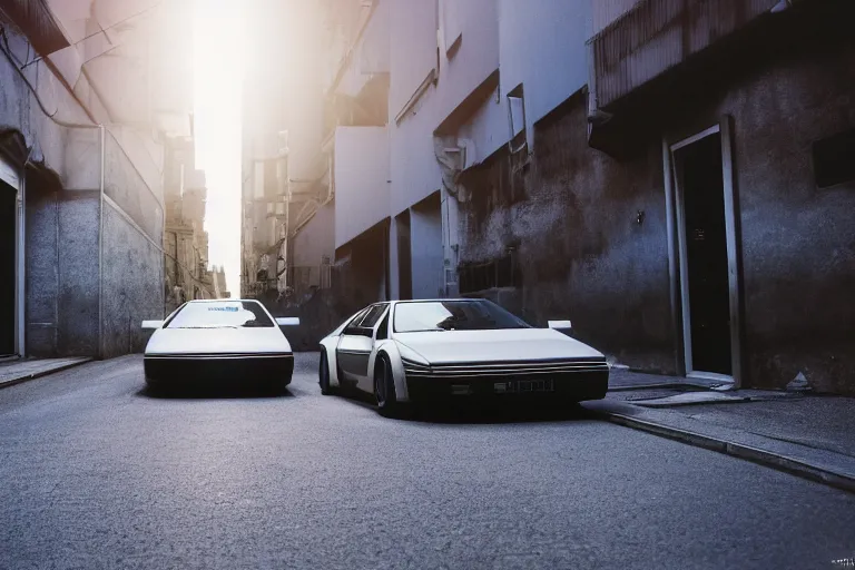 Prompt: a Giorgetto Giugiaro designed, single 1988 Audi Quattro, BMW M1 Lincoln Continental, parked in a Tokyo alley, volumetric lighting, f8 aperture, cinematic Eastman 5384 film