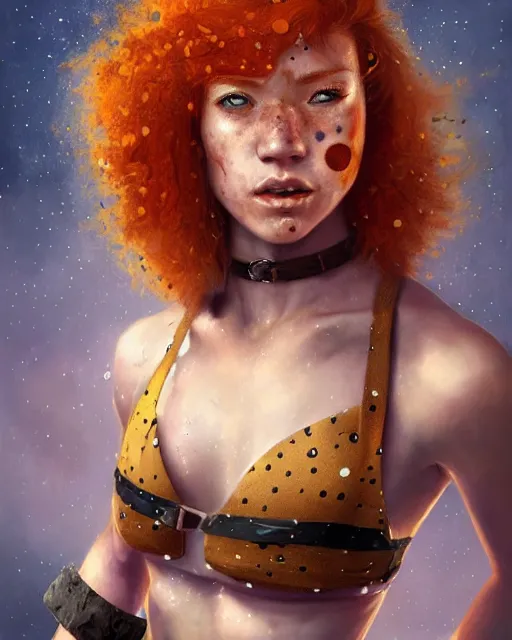 Prompt: female warrior with katana wearing polka dot halter top, perfect face, ginger hair, abs, cinematic, freckles, stunning, cute, adorable, athletic, strong, agile, highly detailed, psychedelic, digital painting, artstation, smooth, hard focus, illustration, art by jessica rossier and and brian froud