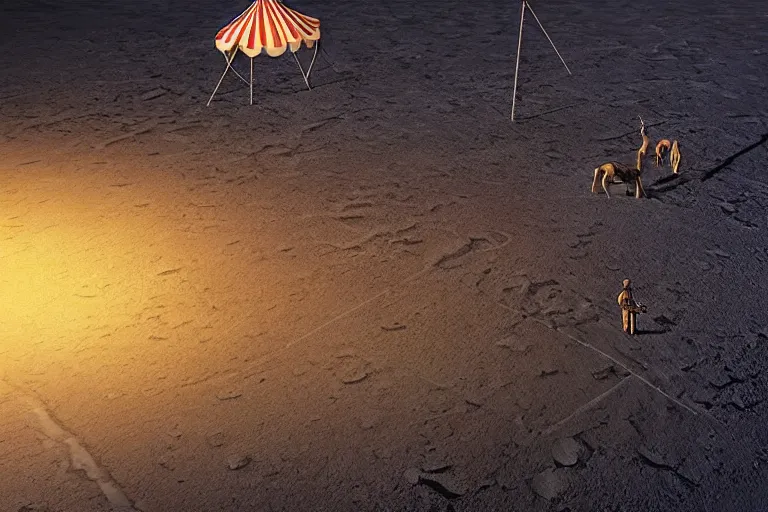 Image similar to circus on the surface of the moon, circus, magical, warm light, photo realistic