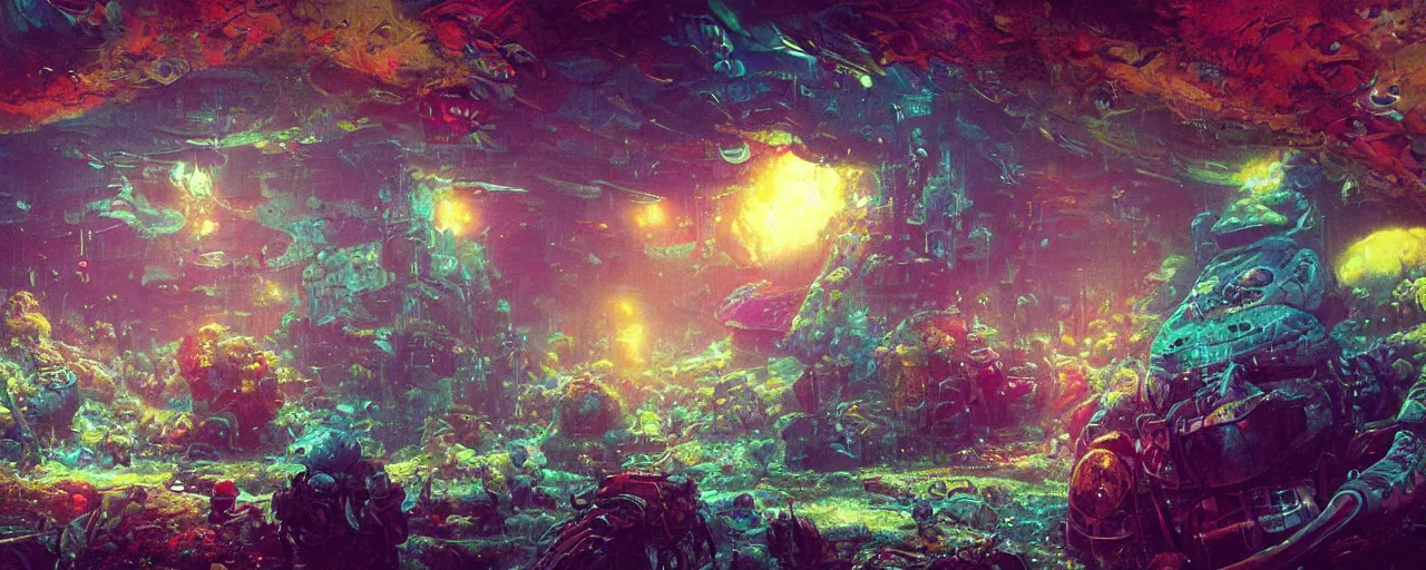 Image similar to ” inside a fish, [ moist, wet, gut, gills, cinematic, detailed, epic, widescreen, opening, establishing, mattepainting, photorealistic, realistic textures, octane render, art by paul lehr ] ”