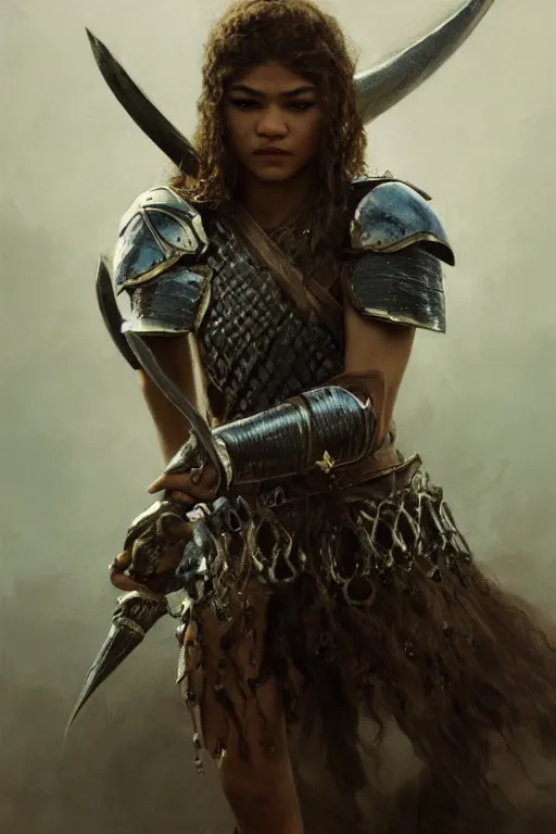 Image similar to zendaya, legendary warrior, heroic fighter, lord of the rings, tattoos, decorative ornaments, battle armor, omar ortiz, carl spitzweg, ismail inceoglu, vdragan bibin, hans thoma, greg rutkowski, alexandros pyromallis, perfect face, sharply detailed, centered, rule of thirds, realistic shading, photorealism