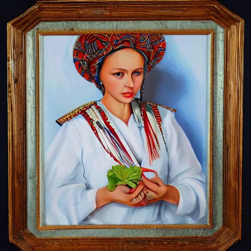 Image similar to hyperrealism oil painting of beautiful ukrainian woman in vyshyvanka