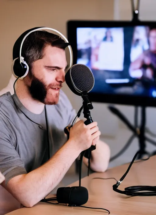 Image similar to photograph of aquinas recording a podcast wearing headphones 8k UHD detailed 85mm CANON EOS