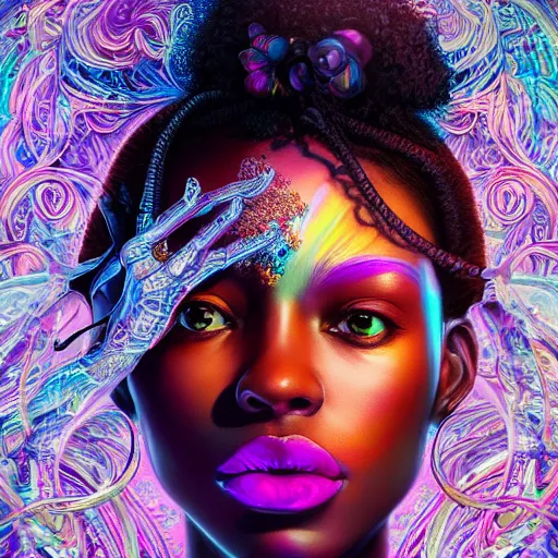 Prompt: the portrait of the absurdly beautiful, graceful, elegant, gorgeous, sensual black young goddess made of rainbow crystals, an ultrafine hyperdetailed illustration by kim jung gi, irakli nadar, reflective eyes, intricate linework, bright colors, octopath traveler, final fantasy, unreal engine 5 highly rendered, global illumination, radiant light, intricate environment