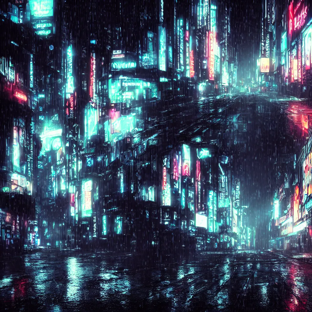 Prompt: dark city street in the rain, neon lights, cyberpunk, year 2 0 9 9, blade runner, octane render, 4 k