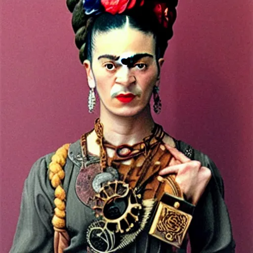 Prompt: frida kahlo with steampunk accessories.