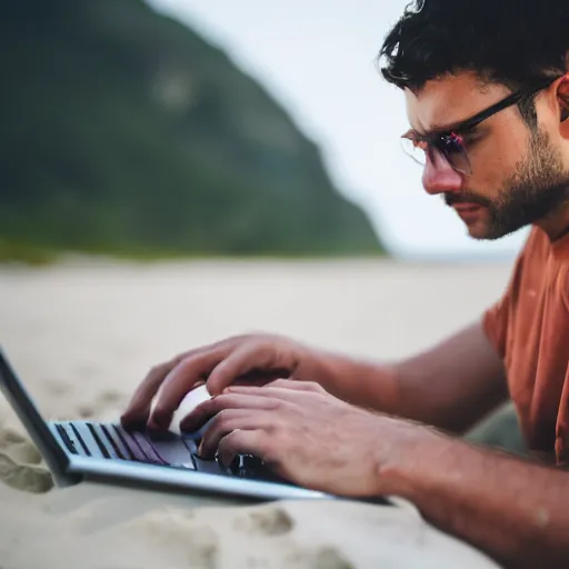 Image similar to photo of man working on laptop at beach, perfect face, fine details, 4 k, bokeh