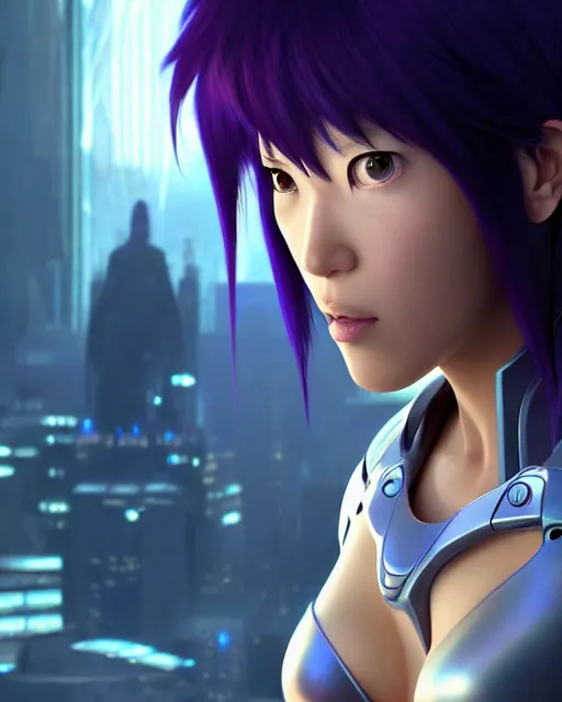 Image similar to weta disney pixar movie still portrait photo of motoko kusanagi the major ghost in the shell : : as cyborg woman by pixar : : by weta, wlop, ilya kuvshinov, rossdraws, artgerm, marvel, maxim cover, latex, octane render, sweaty, iridescent, bright morning, anime, liosh, mucha : :