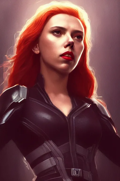 Image similar to a fancy portrait of a Scarlett Johansson as black widow by Greg Rutkowski, Sung Choi, Mitchell Mohrhauser, Maciej Kuciara, Johnson Ting, Maxim Verehin, Peter Konig, final fantasy , mythical, 8k photorealistic, cinematic lighting, HD, high details, atmospheric,