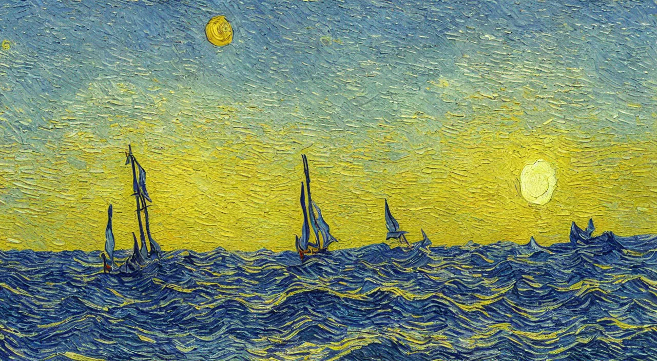 Prompt: detailed oil painting of sailing boat, sailing towards the rising sun, calm ocean, sunset lighting, clear blue sky, impressionist painting by vincent van gogh illustration, digital art, concept art