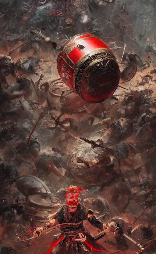 Image similar to samurai hit big taiko drum in temple, front game card, drark, marvel comics, dark, intricate, highly detailed, smooth, artstation, digital illustration by ruan jia and mandy jurgens and artgerm and wayne barlowe and greg rutkowski and zdislav beksinski