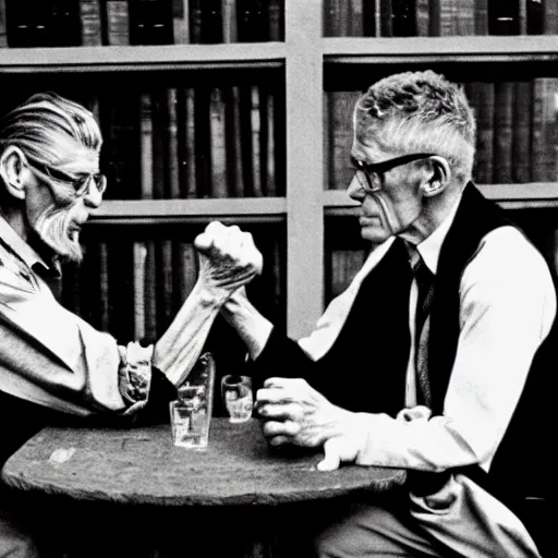 Prompt: James Joyce arm wrestling Samuel Beckett, photorealistic in the style of ansel adams