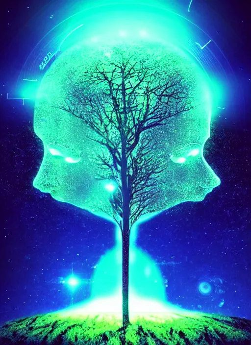 Image similar to high depth, collective civilization tree, calm, healing, resting, life, hybrids, scifi, glowing lights, published concept art, mixed medias, image overlays, sharp focus, winning illustration, eyes reflecting into eyes into infinity, singularity!!!, 3 6 0 projection, art in the style of all