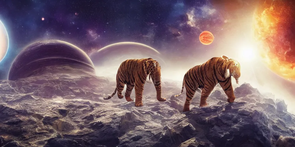 Image similar to planet - sized tiger elephant in space, next to the sun and stars, cosmic, very wide shot, epic composition, hyper detailed, digital art, trending in artstation, cinematic lighting, studio quality, unreal engine 5 rendered, art style by klimt and nixeu and ian sprigger and wlop and krenz cushart