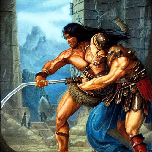 Image similar to portrait of conan the barbarian protecting the queen of zamorra from an attack by giant lizards