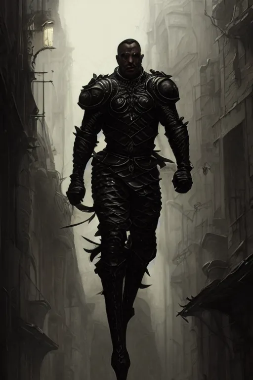 Image similar to portrait of a muscular thief wearing black leather armor in a dark alleyway, fantasy, intricate, elegant, highly detailed, digital painting, artstation, concept art, matte, sharp focus, illustration, art by aenaluck and roberto ferri and greg rutkowski, epic fantasy, moody, dark mood, digital painting