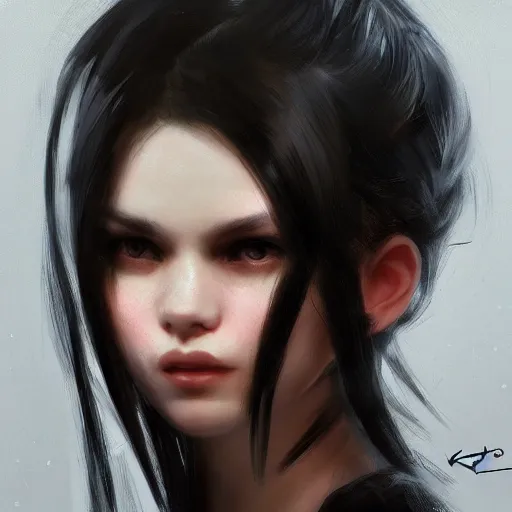 Image similar to a cute girl by ruan jia, 8 k, closeup headshot, smooth, trending on artstation, black long hair, black eyes, movie poster style