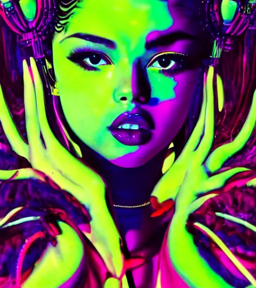 Prompt: very beautiful futuristic selena gomez as fka twigs in a blend of 8 0 s anime - style art, augmented with vibrant composition and color, filtered through a cybernetic lens, by hiroyuki mitsume - takahashi and noriyoshi ohrai and annie leibovitz, dynamic lighting, flashy modern background with black stripes