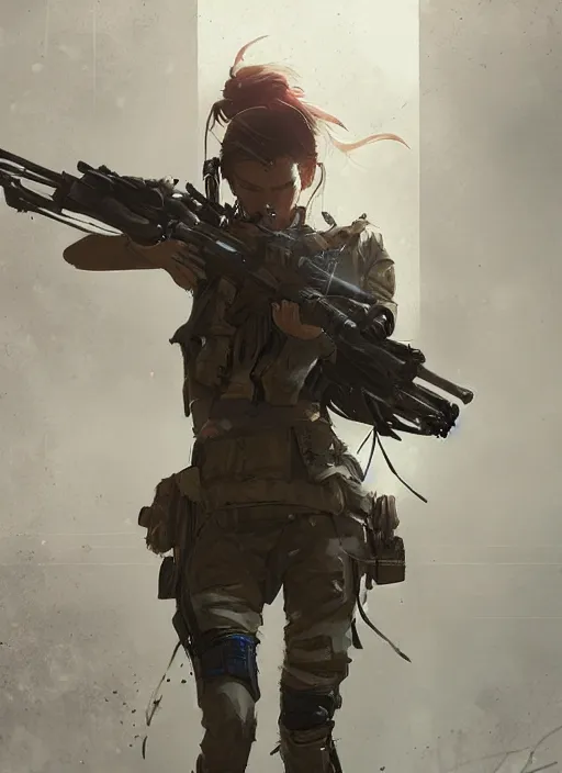 Image similar to of a beautiful sniper girl in war, with futuristic gear, in the style of greg rutkowski, artstation, high quality art