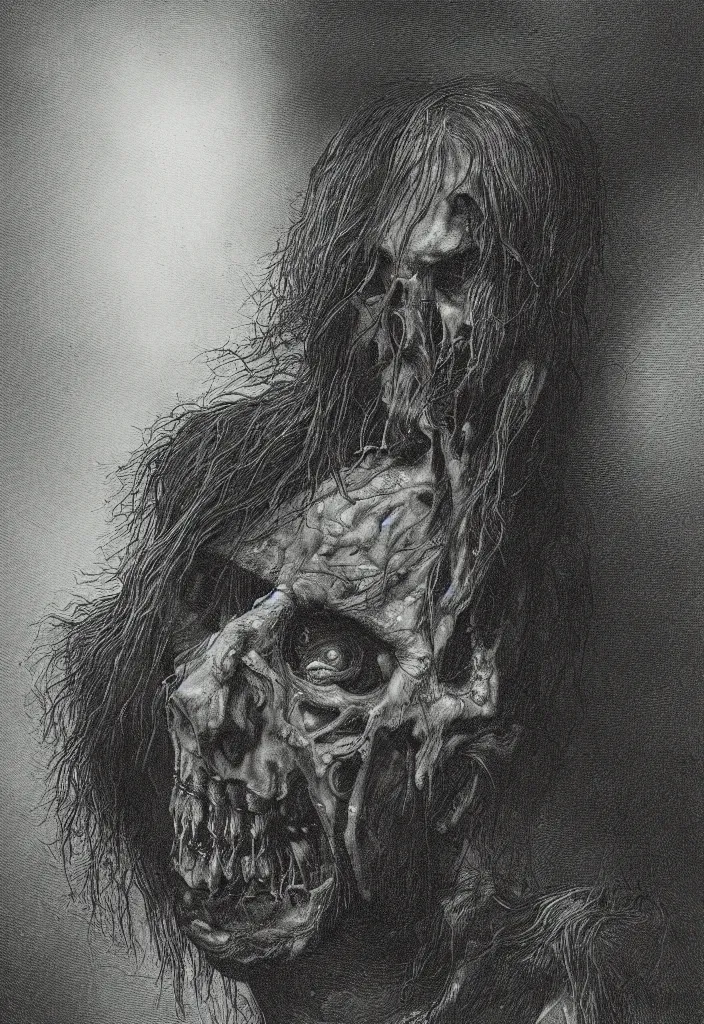 Prompt: profile portrait of a zombie, creepy atmosphere, dark, portrait, very realistic, illustration by gustave dore