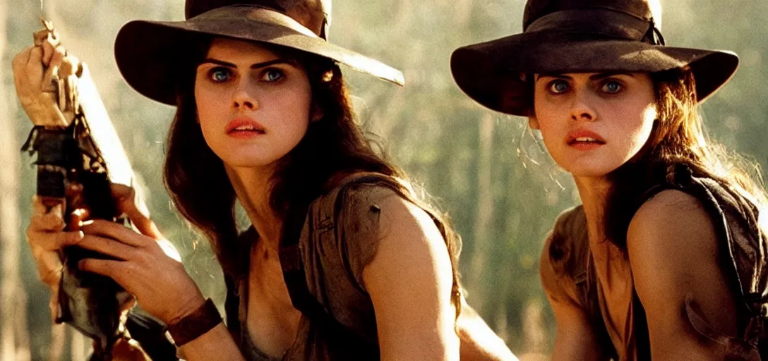 Prompt: still of alexandra daddario as indiana jones in raiders of the lost ark ( 1 9 8 1 )