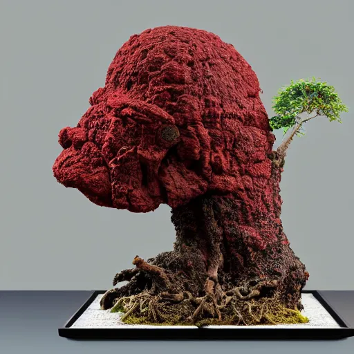 Image similar to incredibly detailed 1000 year old Morton Bay fig bonsai planted in an Upside-down ancient intricate red samurai helmet, volcanic rocks, photorealistic, vulumetric lighting, exquisite detail, vray 4k highly detailed, museum piece, no dof