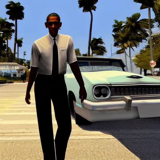 Image similar to screenshot of barack obama in gta vice city, good graphic, highly detailed, rtx engine, nvidia geforce