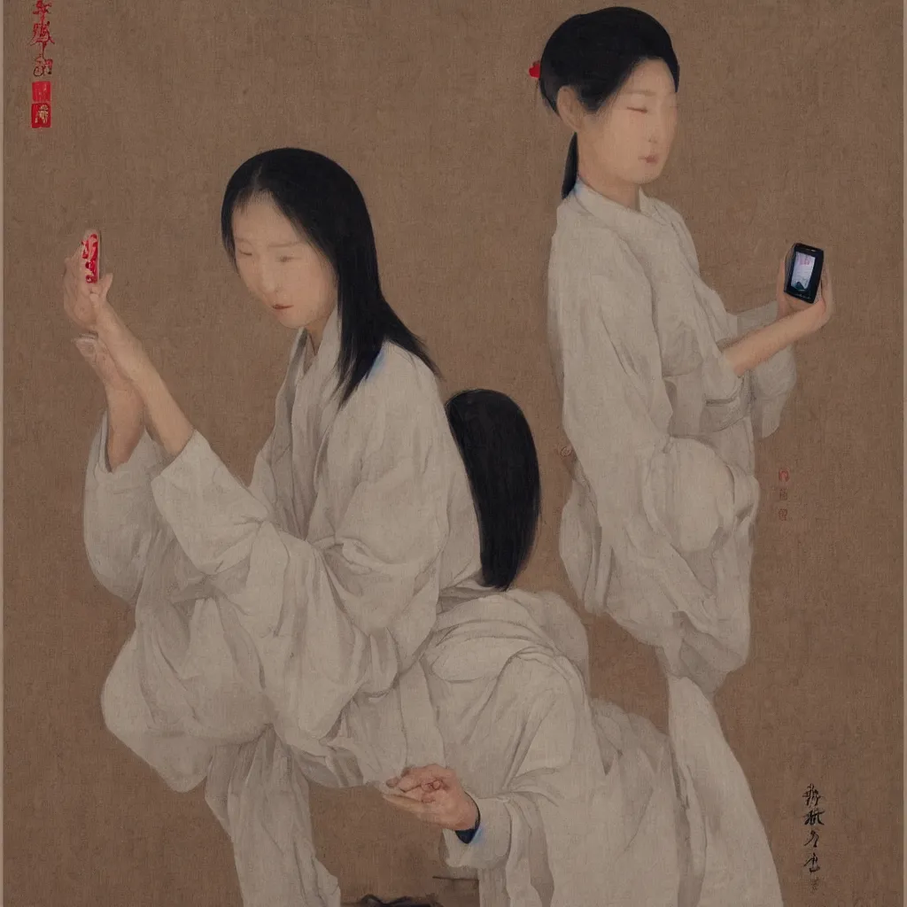 Image similar to i, a beautiful woman playing her iphone, by qibaishi