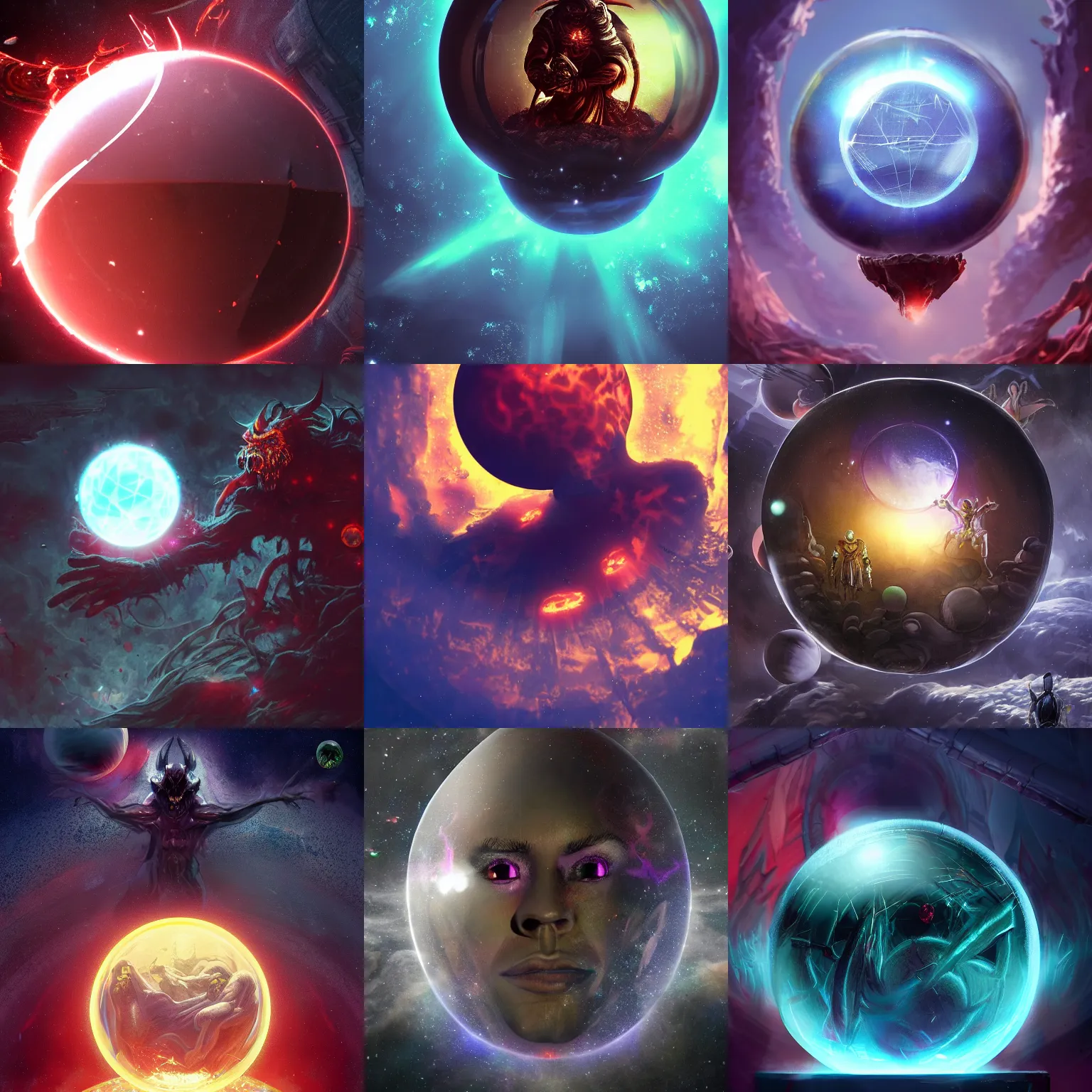 Prompt: floating crystal ball in space containing brutal demon army, dark, gritty, damaged, hellfire, hostile, demonic, diabolic, cinematic light, on artstation